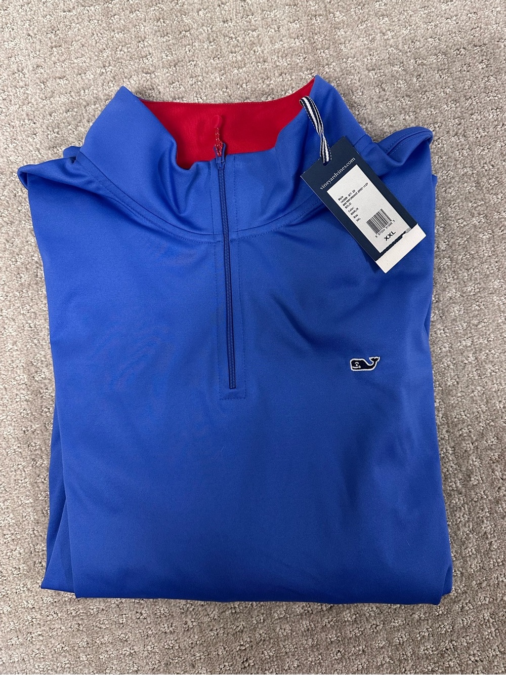 NWT Vineyard Vines Men's Blue and Red performance Jersey 1/4 zip in marlin blue